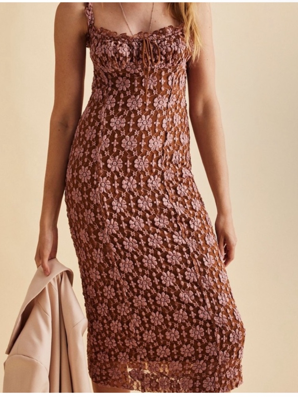 Free People Lucinda Lace Midi Dress - Brown with Pink Floral NWT